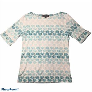 Karen Scott OmbrΓ© Seashells White Teal Boatneck Short Sleeve Cotton Top Small